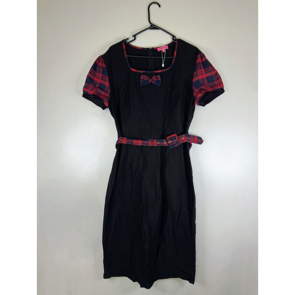 Rebel Love 2XL NWOT Black Pencil Dress Tartan Plaid Sleeves Belt Retro Pinup
